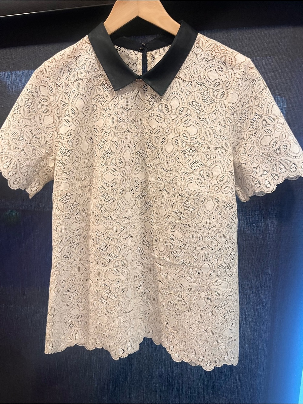 Madewell Cream Lace Short-Sleeve Top with Black Collar